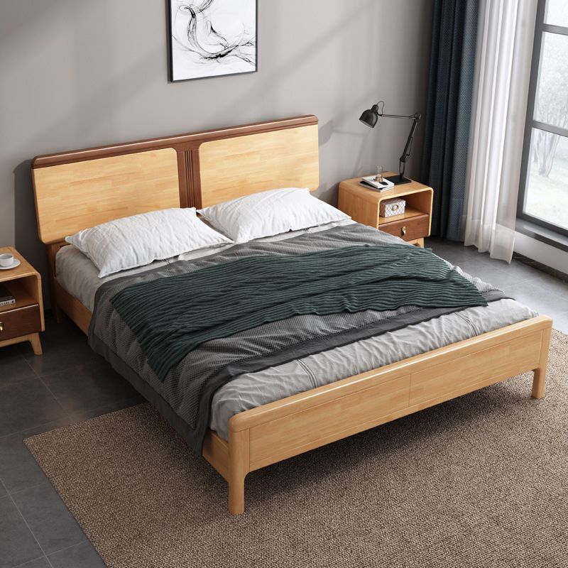 Contemporary Panel Bed Solid Wood Natural Standard Bed with Headboard