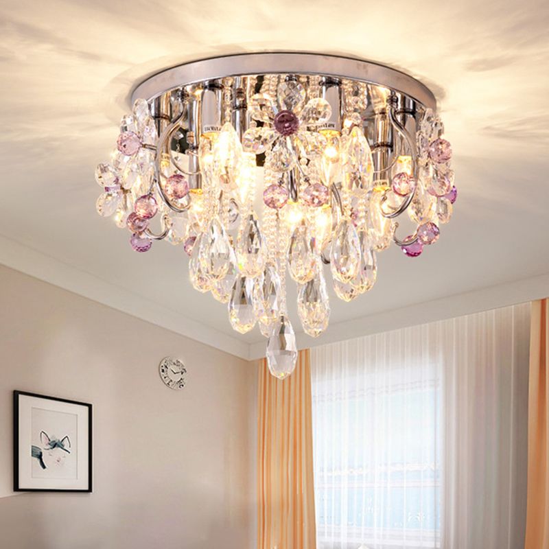 6 Lights Flower Crystal Flush Mount Romantic Modern Chrome Draping Bedroom Ceiling Lamp