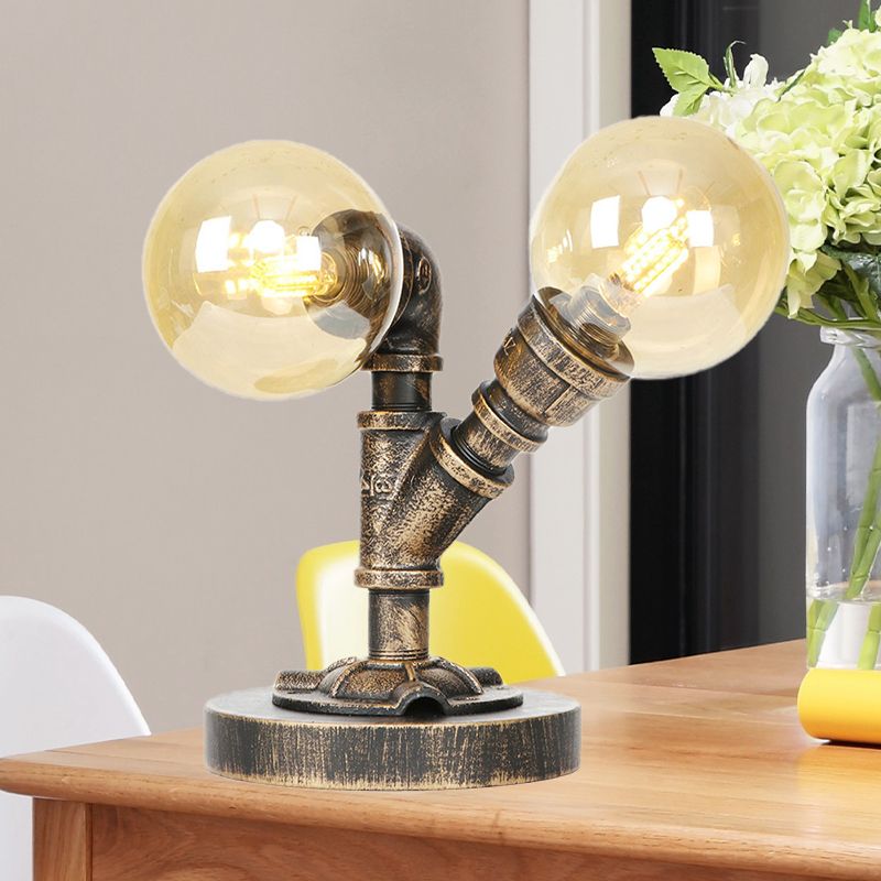 Tarea de sombra redonda de vidrio transparente/ámbar iluminación vintage estilo 2 luces lámpara de escritorio de cafetería en plata antigua/bronce