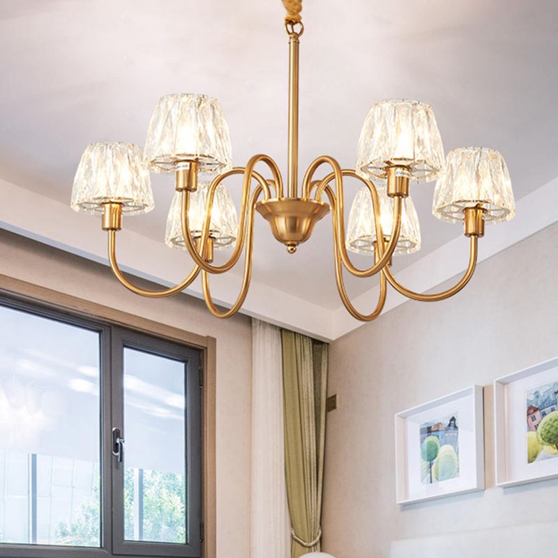 3/6 Bulbs Conical Chandelier Lighting Contemporary Gold Finish Faceted Crystal Pendulum Lamp with Gooseneck Arm