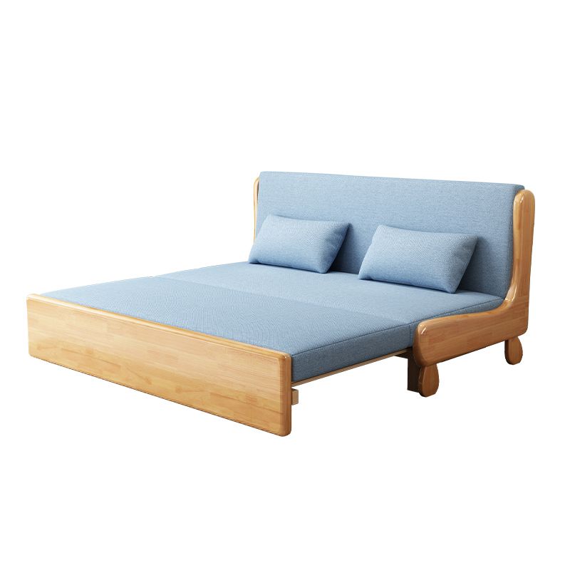 Blue Linen Blend Futon Sleeper Sofa with 2 Pillows and Pillow Back