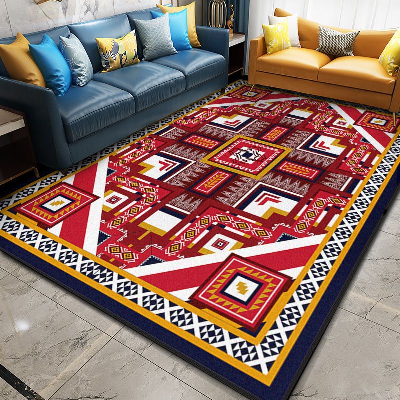 Multi Color Geometric Rug Synthetics Moroccan Carpet Stain Resistant Machine Washable Anti-Slip Rug for Living Room