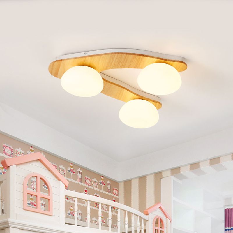 Modern 3-Light Ceiling Lighting Wood Beige Tree Fork Flush Mount Light with Ball White Glass Shade