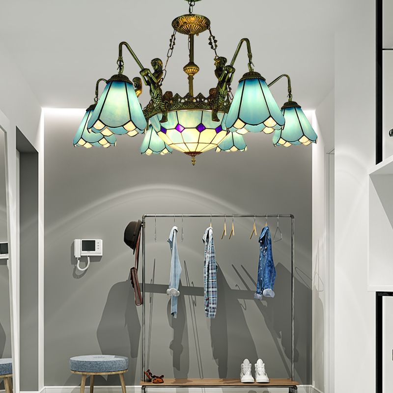 7/9 luci soggiorno lampadario Light Light Tiffany Bronzo Apparecchio di illuminazione a sospensione con cono Giallo/Blue Glass Shade