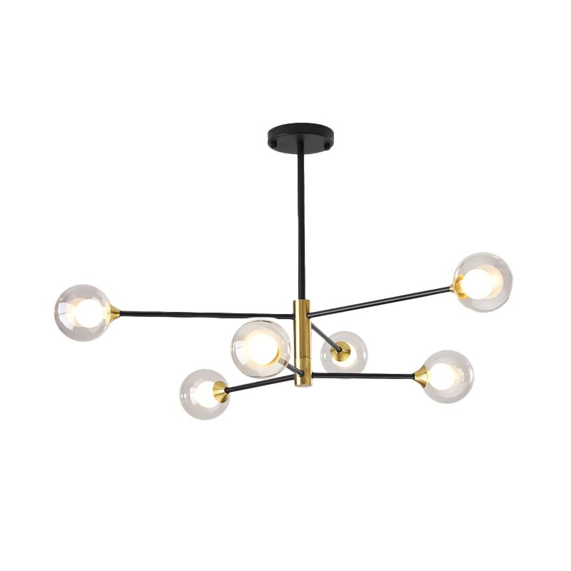 Postmodern 6/8 Lights Chandelier Lighting Black and Gold Branch Pendant Lamp with Ball Dual Clear Glass Shade
