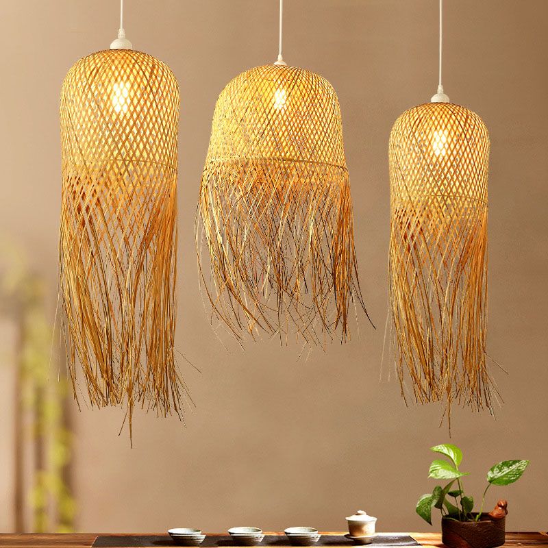 Weaving Dome Pendant Light Fixture Asian Bamboo 1-Light Dining Room Ceiling Lamp with Fringe in Wood