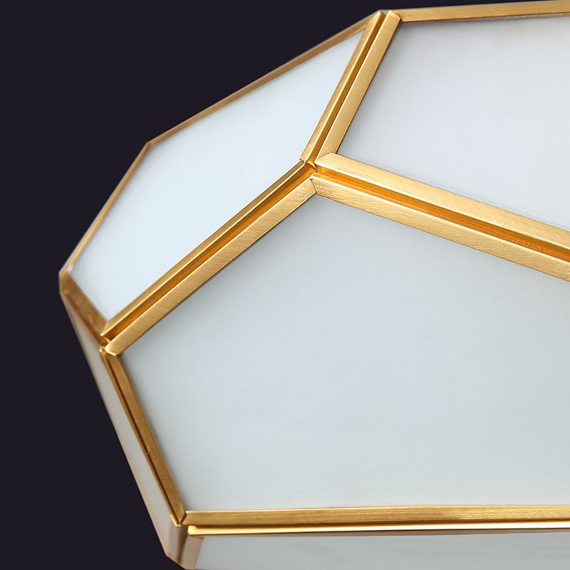 Colonial Style Geometric Ceiling Fixture Copper Flush Mount with Frosted Glass Shade