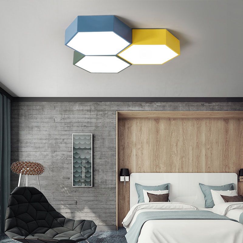 Nordic Hexagon Ceiling Light Colorful LED Flush Mount Light for Bedroom