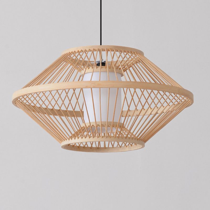 1-Light Bamboo Japanese Pendant Light Beige Down Lighting for Dining Room