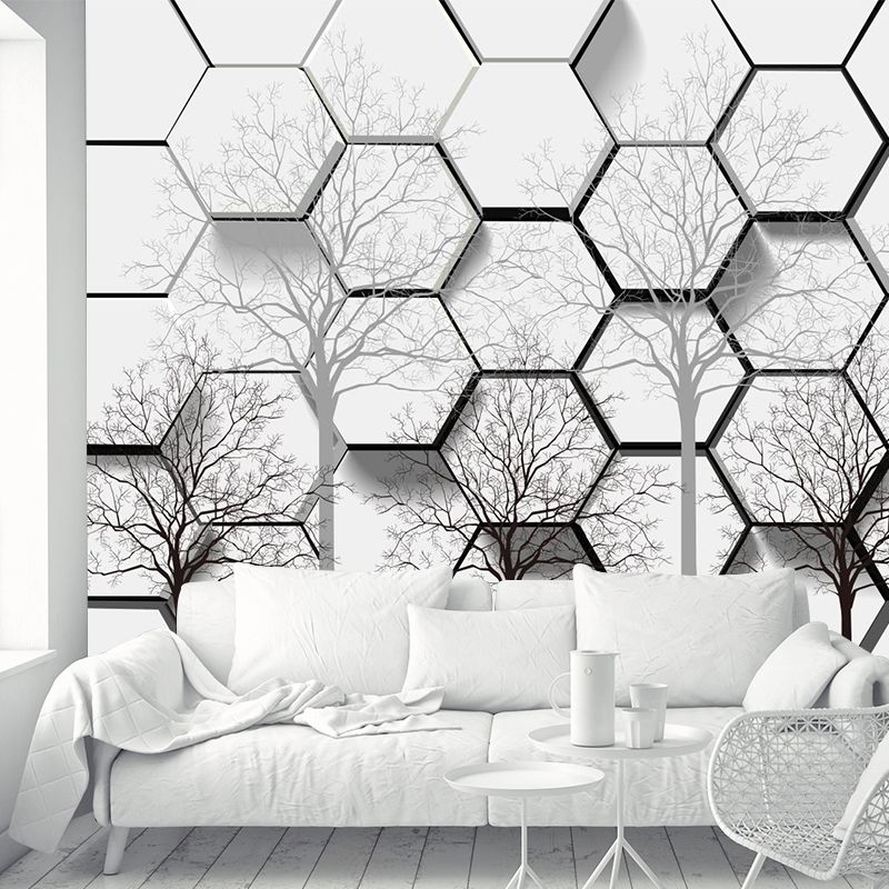 Creative Honeycomb Bare Tree Mural Black-White Moisture Resistant Wall Art for Home