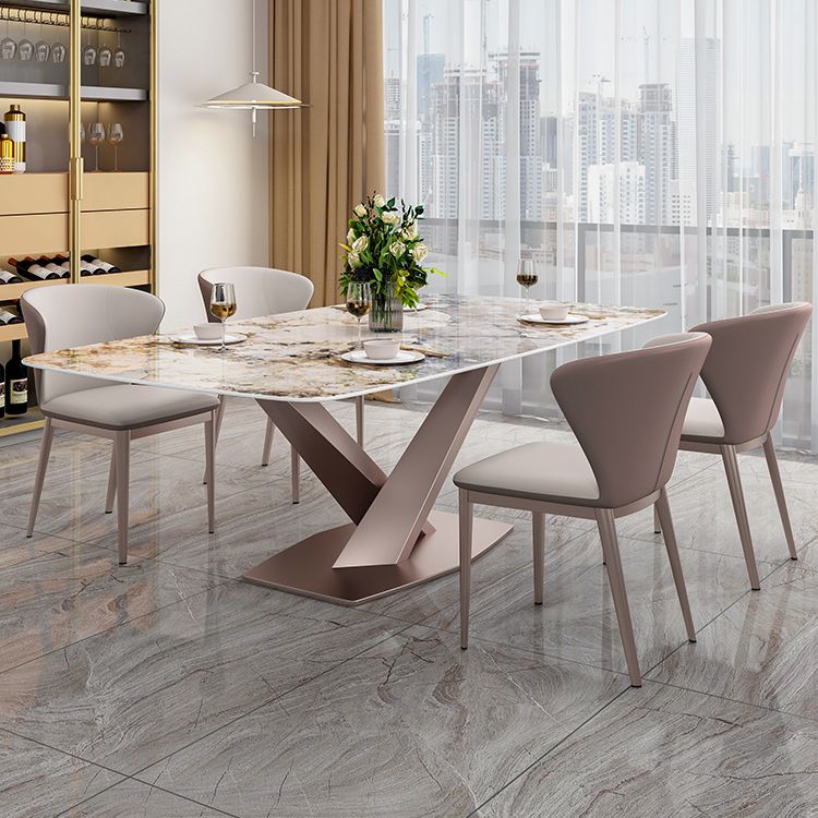 Mesa de comedor de lujo tradicional, mesa de comedor rectangular de piedra sinterizada con base de metal