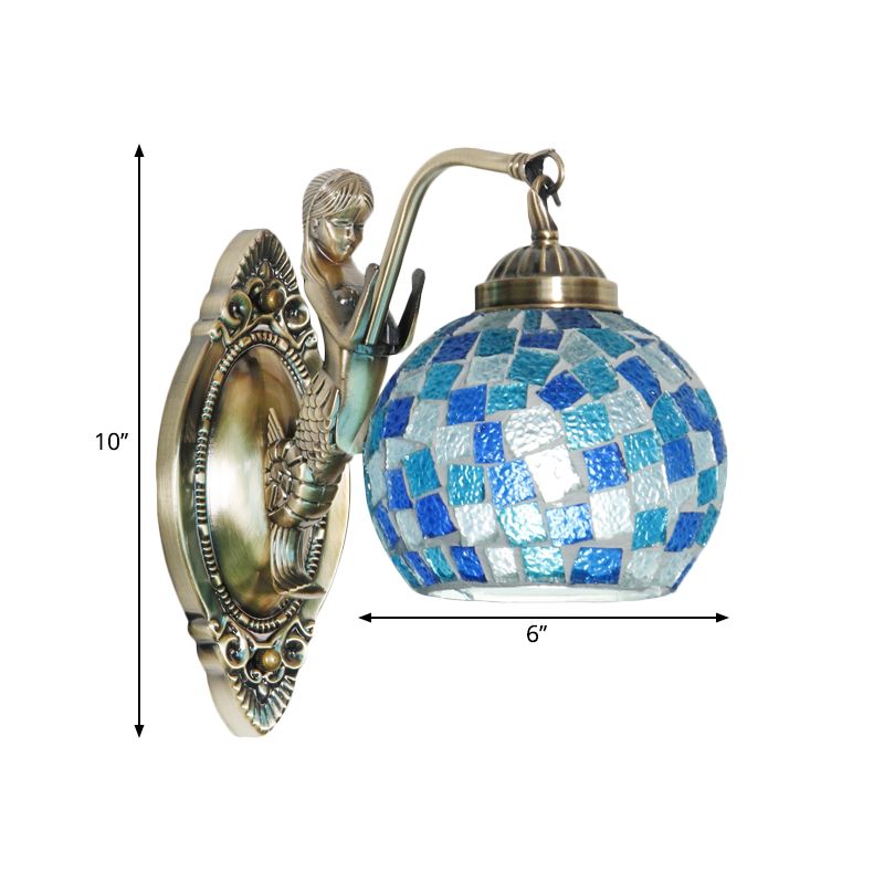 Cut Glass Global Wall Light Fixture Tiffany 1/2-Bulb Blue Wall Mount Lamp with Mermaid Design