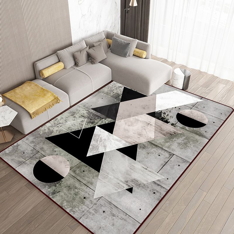 Grey Bedroom Rug Modern Color Block Geometry Pattern Area Rug Polyester Anti-Slip Backing Carpet
