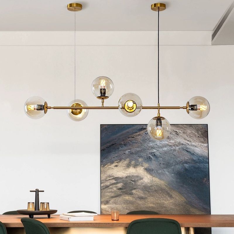 Linear 6 Light Pendant Ceiling Iron and Glass Modern Kitchen Island Light Fixture in Gold