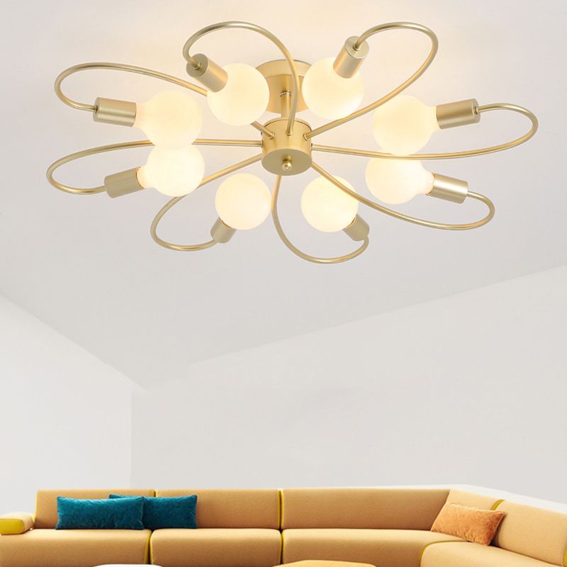 Golden Multi Head Ceiling Light Industrial Metal Semi Flush Mount Lamp for Living Room