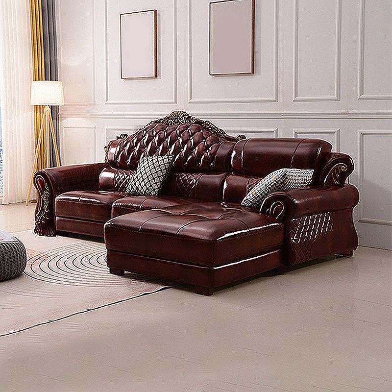 Genuine Leather Rolled Arm Sectional 36.22"High Camel Back Sofa, Dark Brown
