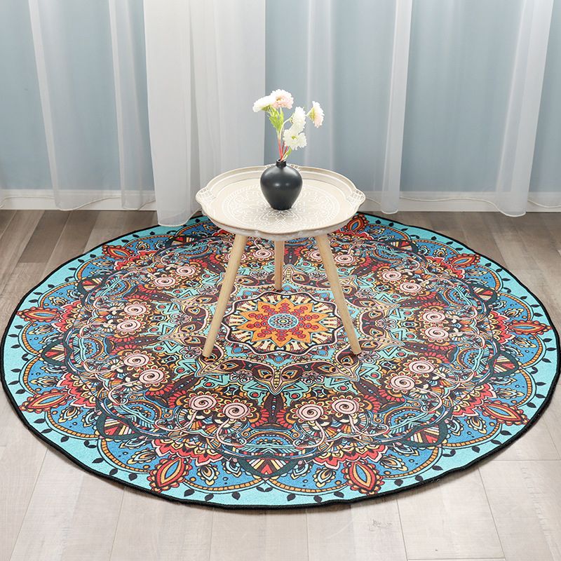 Multi-Colored Bedroom Area Rug Moroccan Mandala Print Rug Synthetics Non-Slip Backing Washable Stain Resistant Rug