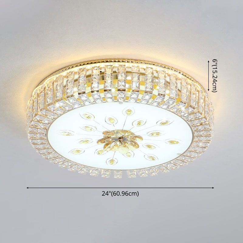 Gold Circular LED Ceiling Light in Modern Luxury Style Crystal Flush Mount with Glass Shade