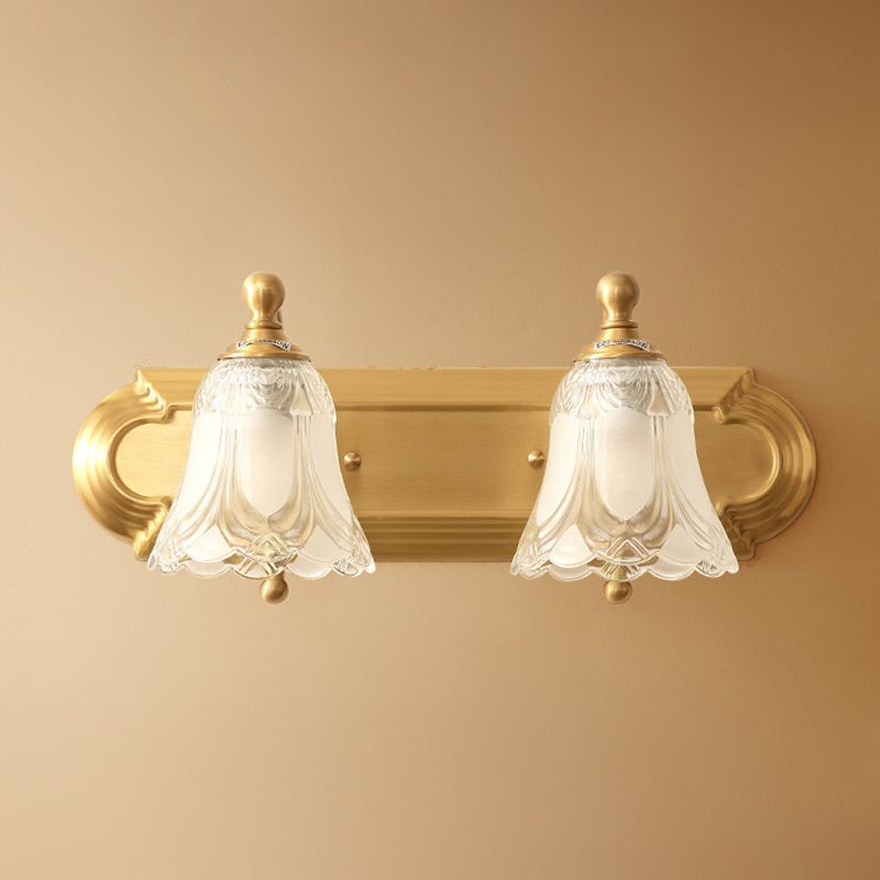 Bathroom Decoration Wall Light Sconce Brass Armed Wall Mounted Mirror Front in Ribbed Glass Shade