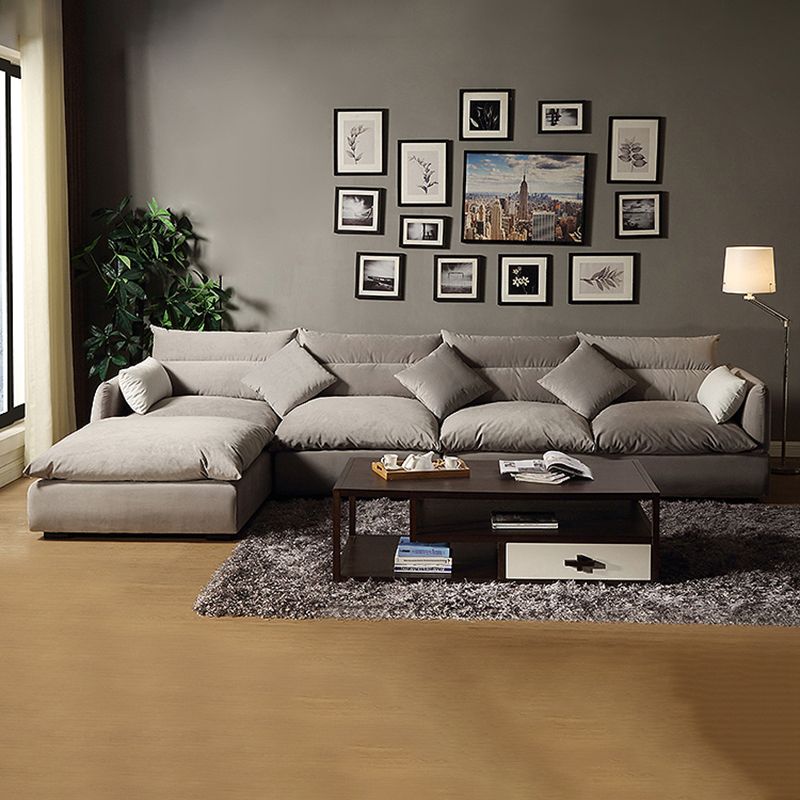 Square Arm Light-grey Contemporary Velvet L-Shape Sofa for Living Room