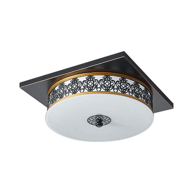 Drum Design Opaline Glass Flushmount Traditional LED Bedroom Ceiling Light Fixture in Black, 12"/16"/19.5" W