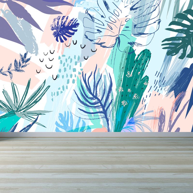 Watercolor Plant Leaves Mural Wallpaper Modern Water-Proof Living Room Wall Art, Custom Made