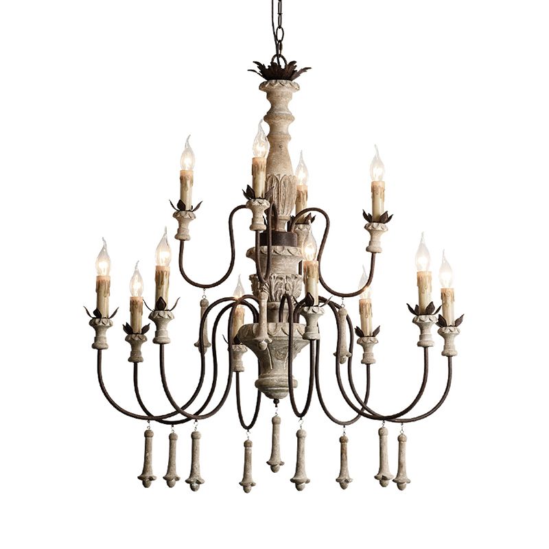 12 têtes Chandelier en bois rural brun à 2 niveaux suspendus de salon avec bras en métal incurvé