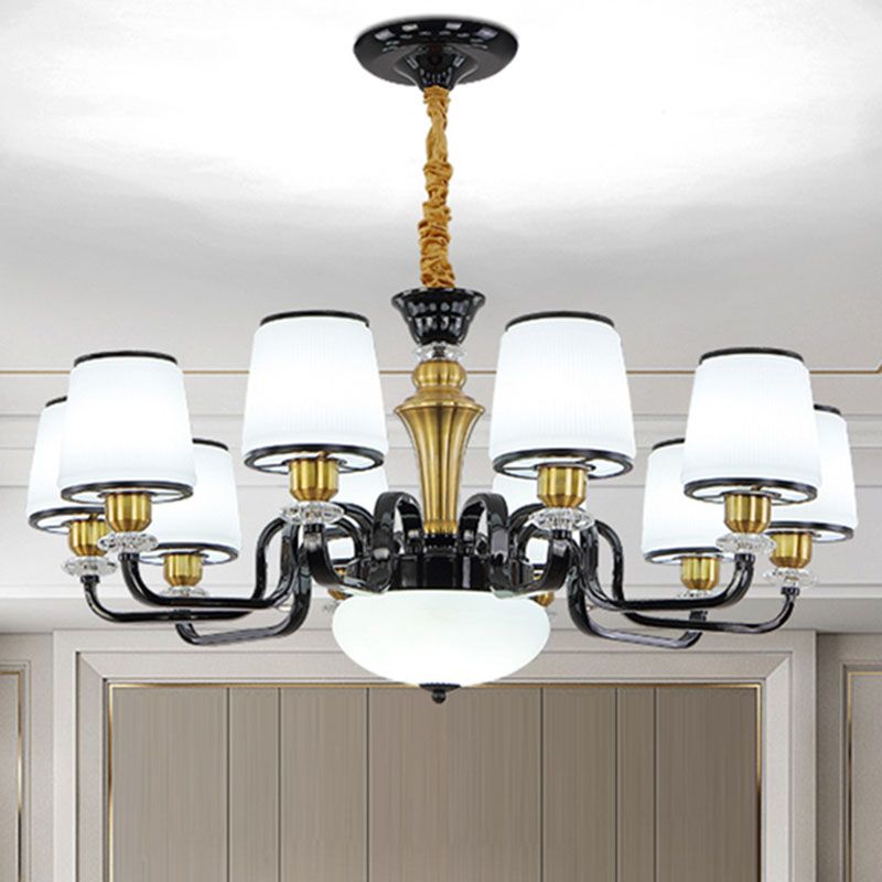 White Glass Barrel Drop Lamp Contemporary Black Chandelier Light Fixture for Dining Room
