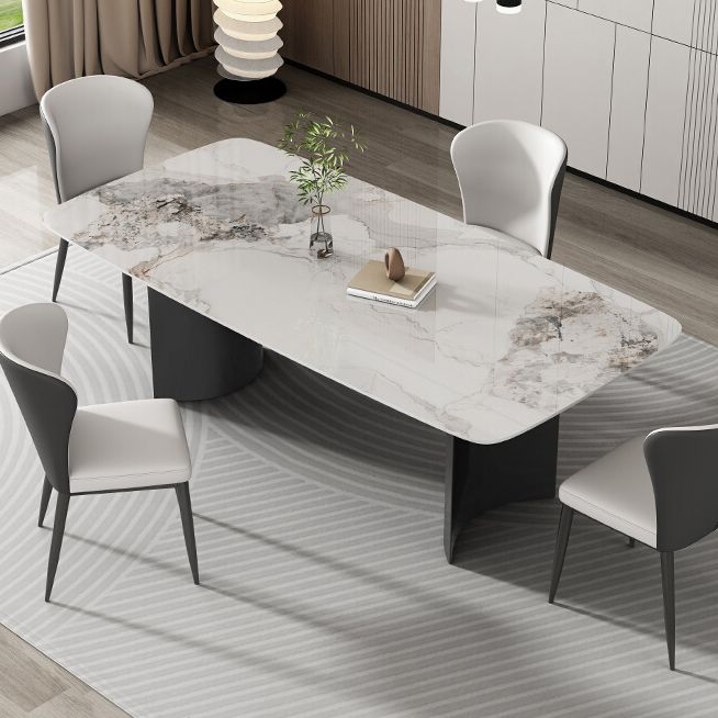 Contemporary Gray Rectangular Stone Dining Table with Double Pedestal