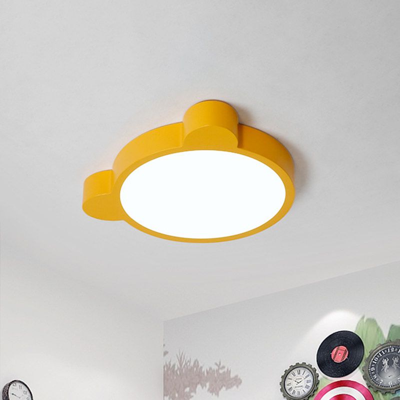 Cartoon Bear Head Iron Flushmount LED Close to Ceiling Lighting in Black/White/Pink for Kids Bedroom