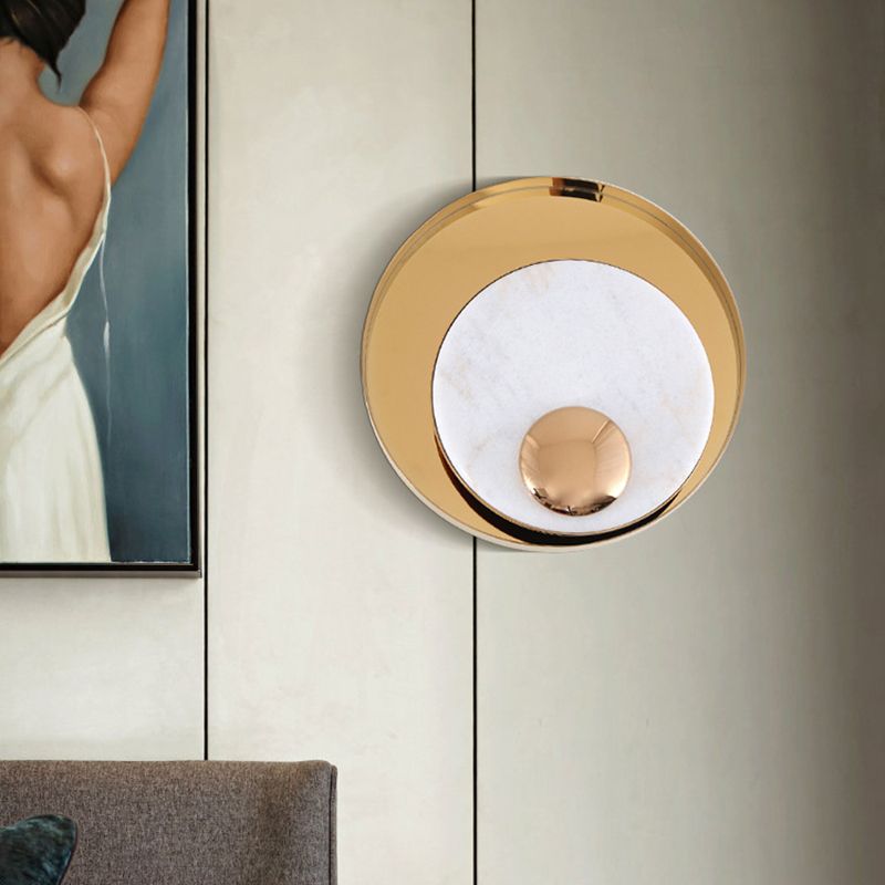 Modern Style Metal Wall Light Round Gold Wall Sconce with Marble for Living Room
