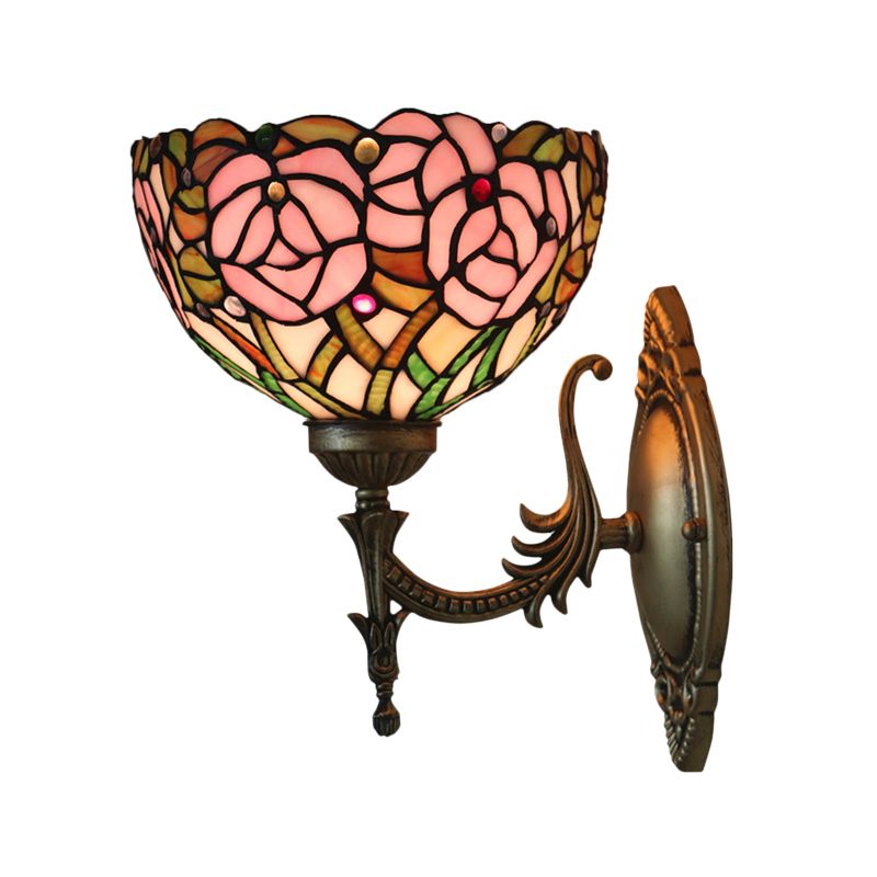 Pink Rose Wall Mount Lighting Tiffany 1 Bulb Stained Glass Sconce with Bronze Carved Arm
