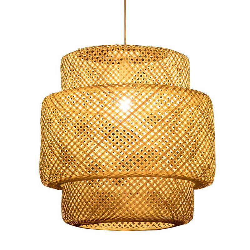 Modern Style Tiered Ceiling Light Bamboo 1-Light Restaurant Hanging Pendant Lighting in Beige