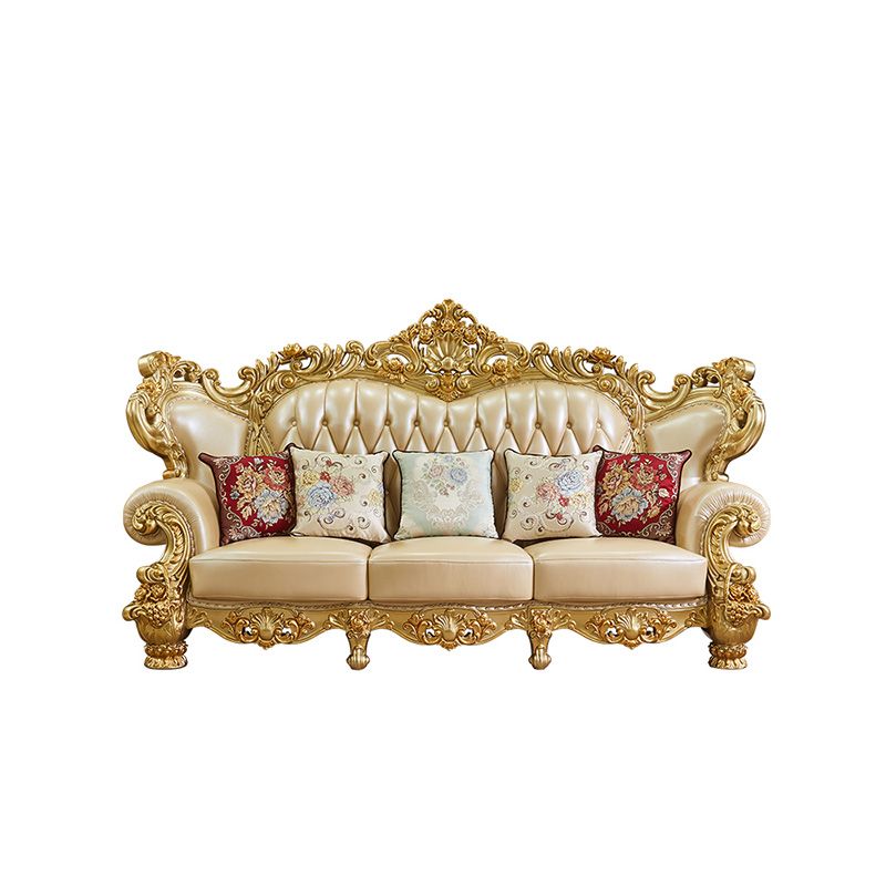 Gold Genuine Leather Sofa Tufted Split-Back Rolled Arm Sofa for Living Room