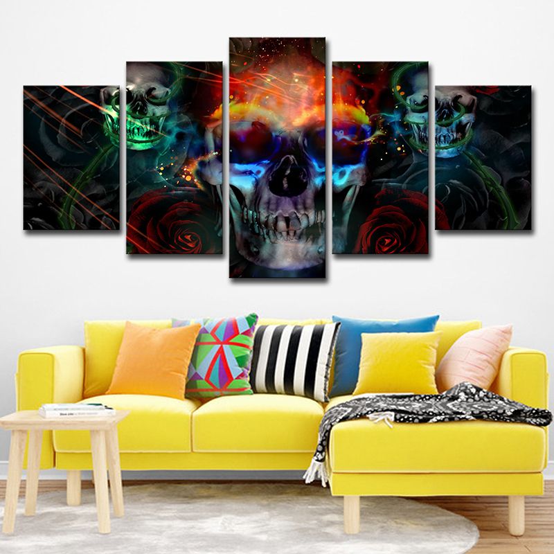 Multicolored Skull Skeleton Wall Art Multi-Piece Kids Style Bedroom Canvas Print on Black