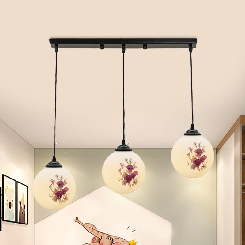 3 Heads Orb Multi-Pendant Modernism Black Finish White Frosted Glass Hanging Light Kit with Flower Pattern and Round/Linear Canopy