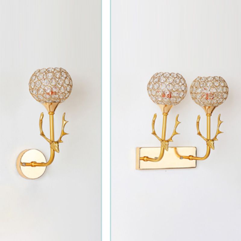 Gold Deer Head Wall Lamp Fixture Minimalist Metal Sconce Light with Ball Crystal Shade