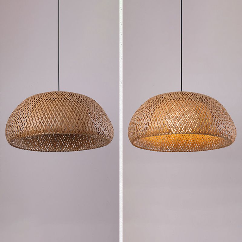 Asian Creative Bowl Pendant Light Wrought Iron Hanging Lamp with Bamboo Weaving Shade