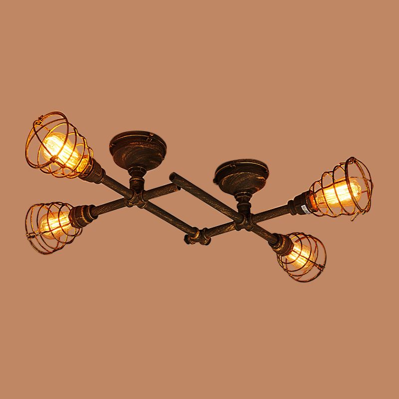 Industrial Intersecting Piping Ceiling Light 4/5/8 Heads Iron Semi Flush Mounted Light with Cage Guard in Brass