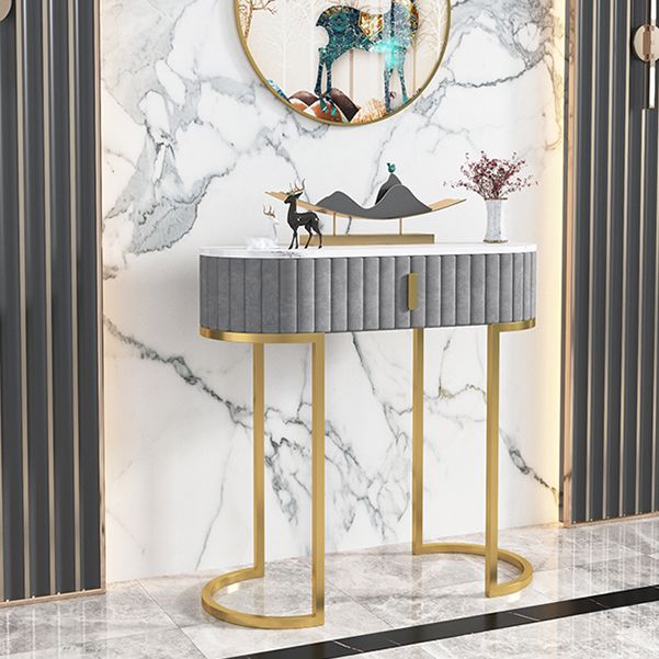 Glam Oval Console Accent Table Antique Finish Sofa Console Table in Marble