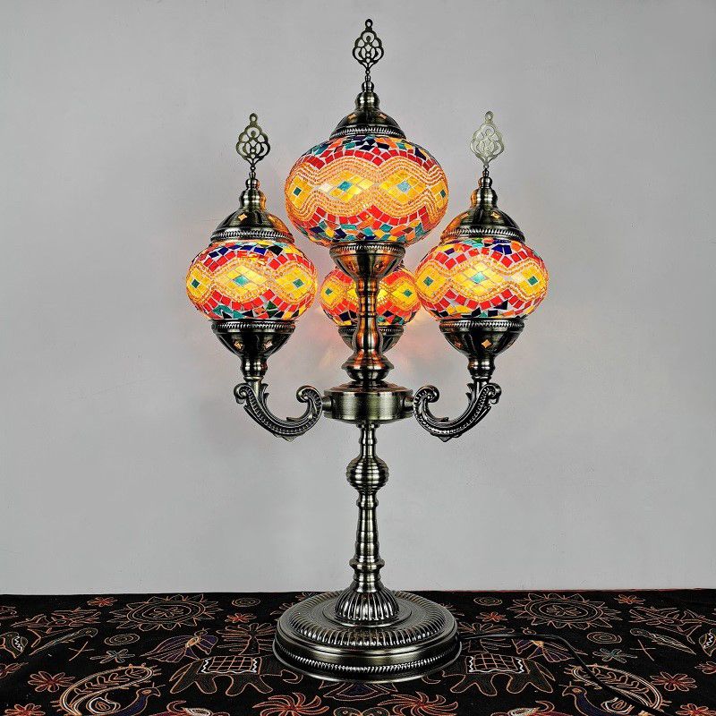 Stained Glass Candelabra Task Lamp Traditional 4 Lights Bedside Nightstand Lamp in Yellow/Orange/Blue