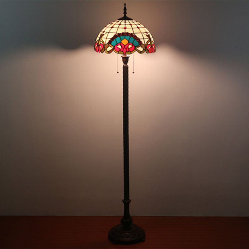 2 Bulbs Standing Light Baroque Dome Shaped Hand Cut Glass Reading Floor Lamp in Black with Pull Chain
