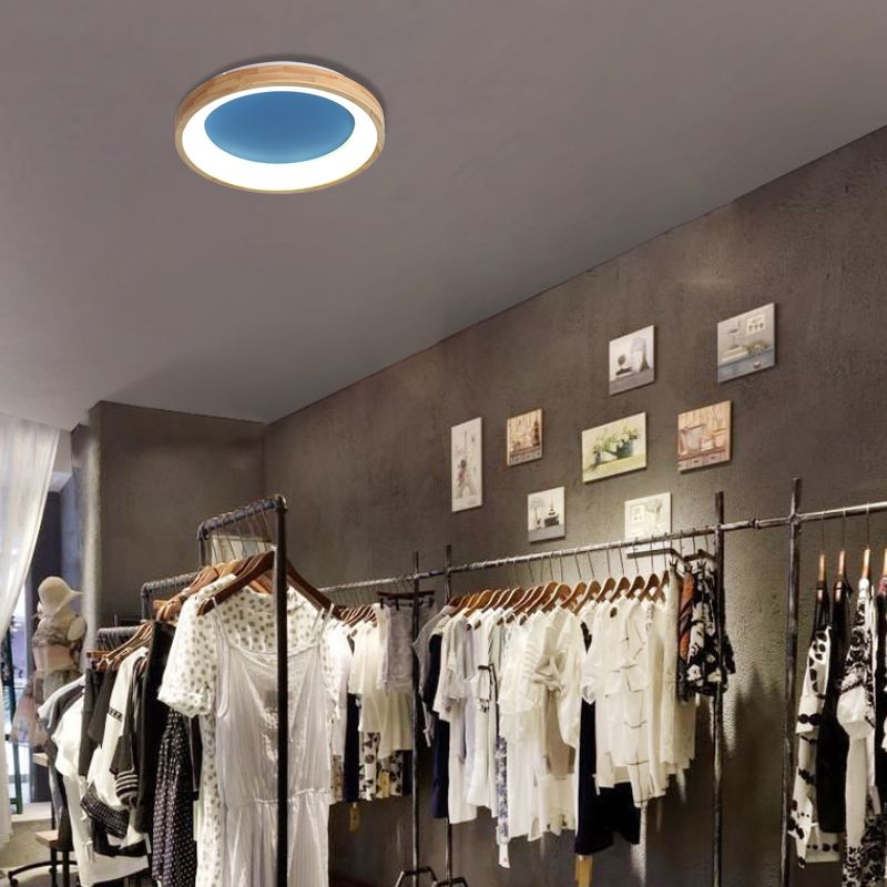 Wood Circular Thin Flushmount Lighting Nordic Style Green/Blue LED Ceiling Mounted Light, 12"/16"/19.5" Width