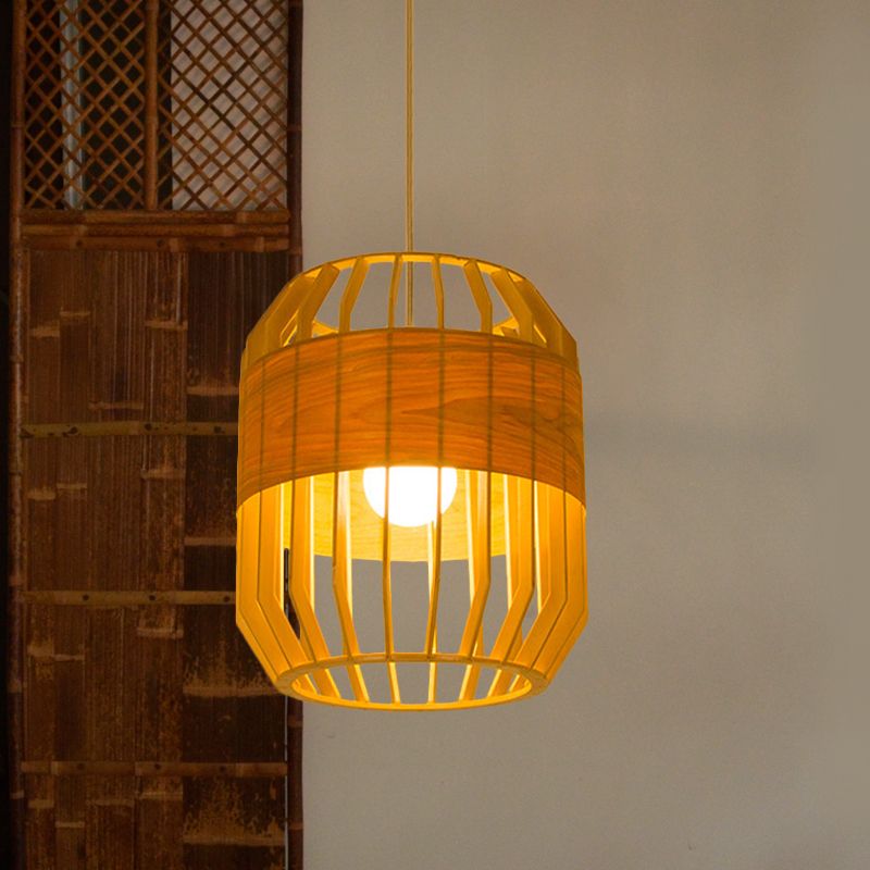Japanese Laser Cut Hanging Light Wood 1 Bulb Pendant Lighting Fixture in Beige for Restaurant