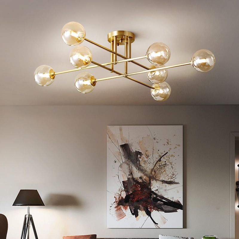 Gold Globe Semi-Flush Light Fixture Modern Glass Shade Ceiling Lamp Fixture