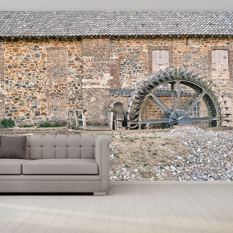Country Style Water Mill Mural Mildew Resistant Wall Covering for Living Room Decor