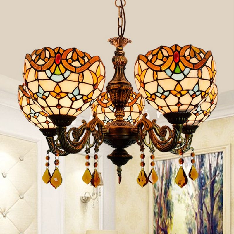 Victorian Bowl-Shaped Chandelier Light Stained Glass 5 Lights Decorative Chandelier with Crystal in Beige