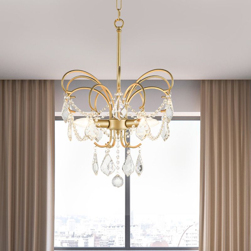 3 Bulbs Butterfly Chandelier Lighting Rural Gold Metal Pendant Lamp with Crystal Strand Decor