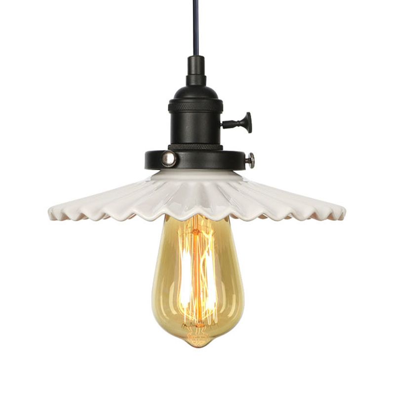 Industrial Scalloped Edge Hanging Light Fixture Ceramic 1 Bulb Dining Room Pendant Ceiling Light in Black/Bronze/Brass
