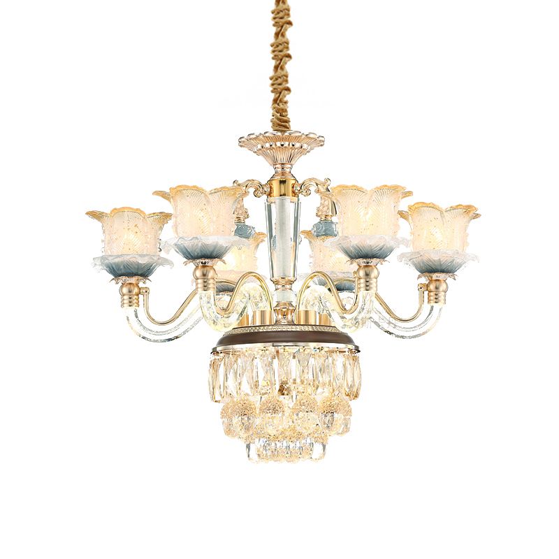 Flower Crystal Hanging Ceiling Light Traditional 8-Bulb Living Room Chandelier Lamp in Gold